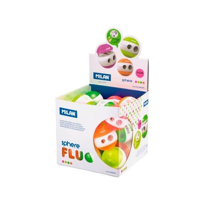 Milan Afilalápices Sphere Fluo Doble, 4 Colores Surtidos, Cubo Expositor 24 Unidades