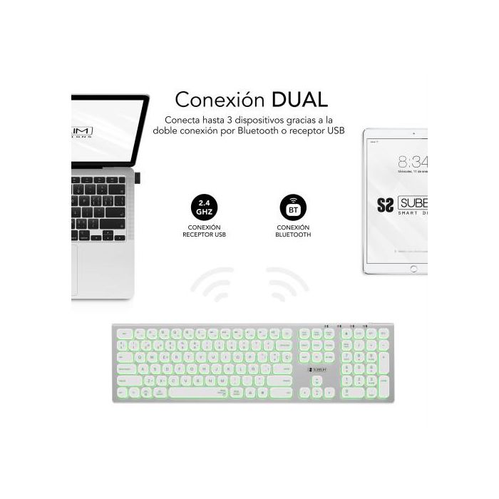 Subblim SUBKB-3MIE300 Teclado Inalámbrico Master Plata y Blanco Dual Bluetooth 5.2 y 2.4G Retroiluminado Multidispositivo 3 Numérico Español Recargable USB-C 2 Subblim SUBKB-3MIE300 Teclado Inalámbrico Master Plata y Blanco Dual Bluetooth 5.2 y 2.4G Retroiluminado Multidispositivo 3 Numérico Español Recargable USB-C 2