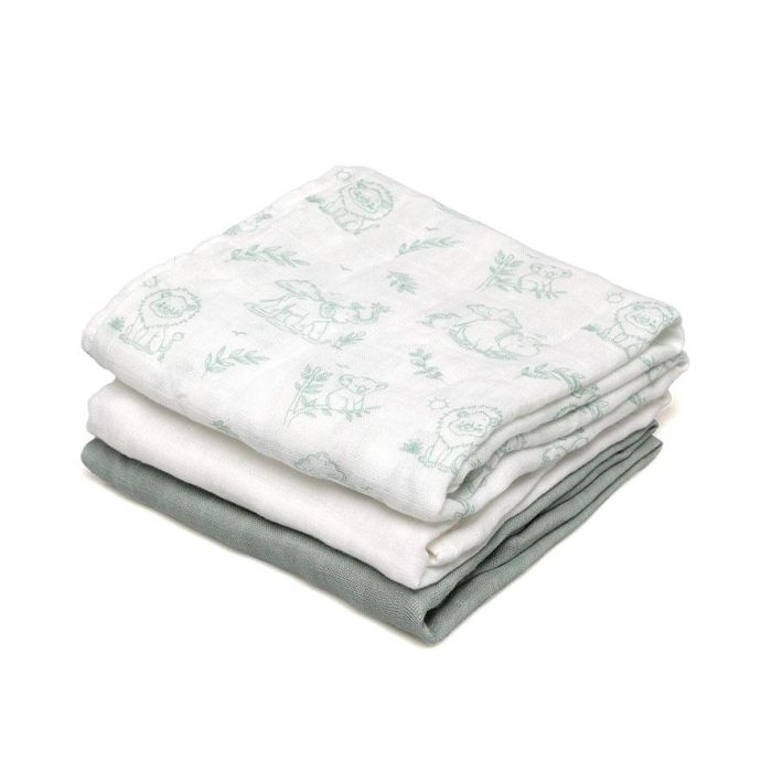 Set De 3 Muselinas Verde, Blanco Y Estampado Selva 70x70 cm Set De 3 Muselinas Verde, Blanco Y Estampado Selva 70x70 cm