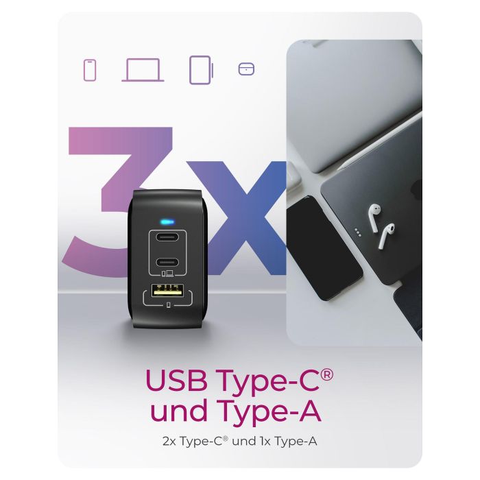 ICY BOX Cargador GaN 65W 3 Puertos PD 3.0 Negro IB-PS1030-PD 4
