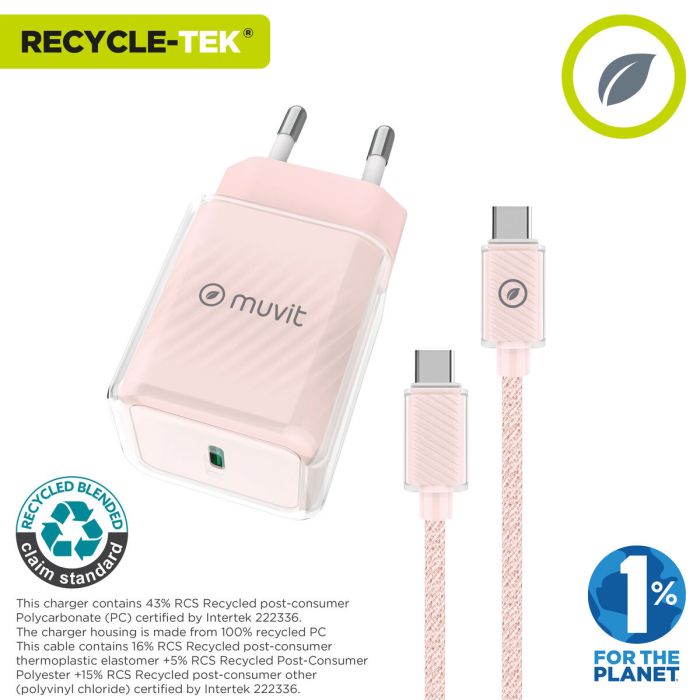Cargador de Pared + Cable USB-C Muvit for Change Glass GaN Rosa 10