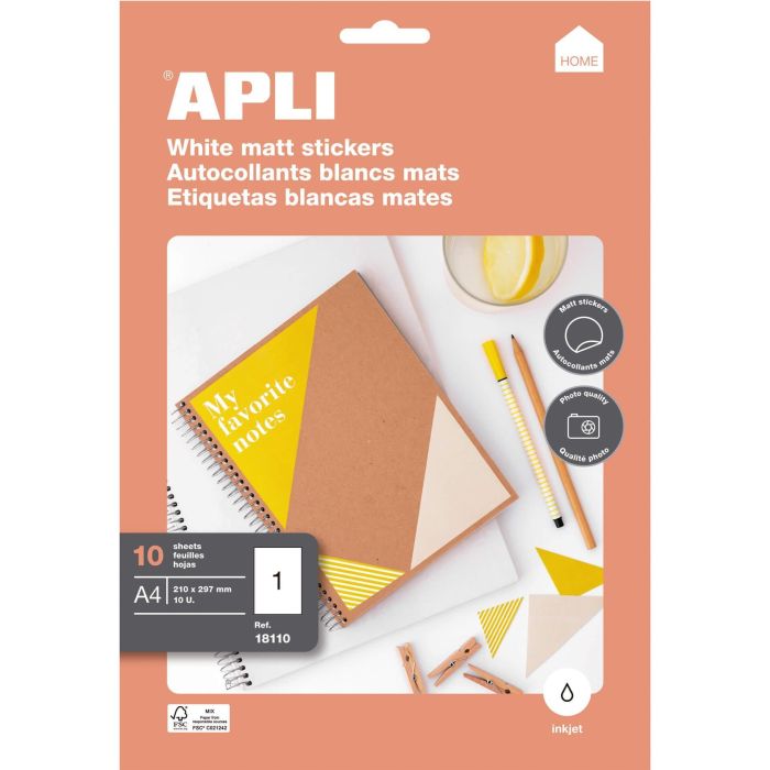Apli Etiquetas Adhesivas 210x297 mm Inkjet, 10 Hojas, Blanco Mate, 1 Etiqueta por Hoja, Adhesivo Permanente Apli Etiquetas Adhesivas 210x297 mm Inkjet, 10 Hojas, Blanco Mate, 1 Etiqueta por Hoja, Adhesivo Permanente