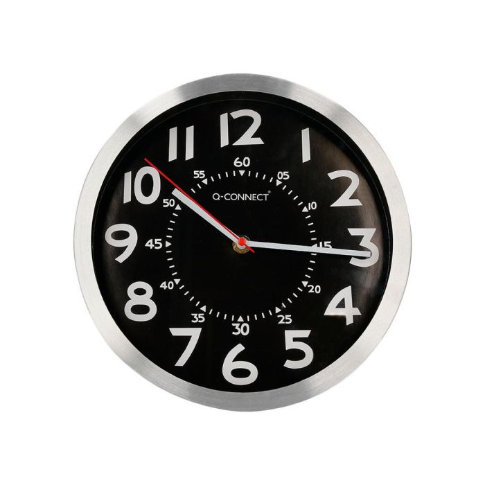 Reloj Q-Connect De Pared Metalico Redondo 25 cm Movimiento Silencioso Color Negro Con Esfera Cromado 1