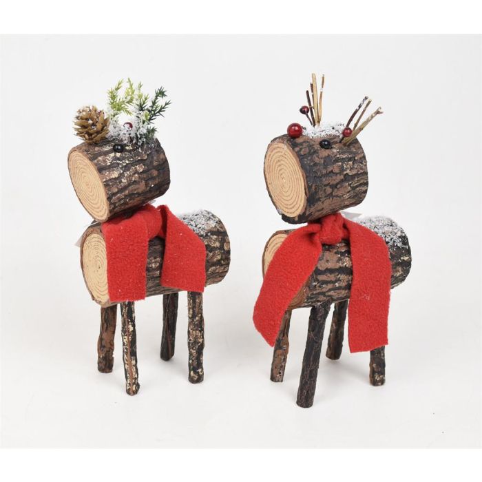 DKD Home Decor Figura Decorativa de Navidad Reno Alpina de Abedul y Purpurina Natural y Rojo 9x23x10 cm (Pack de 2 Unidades)