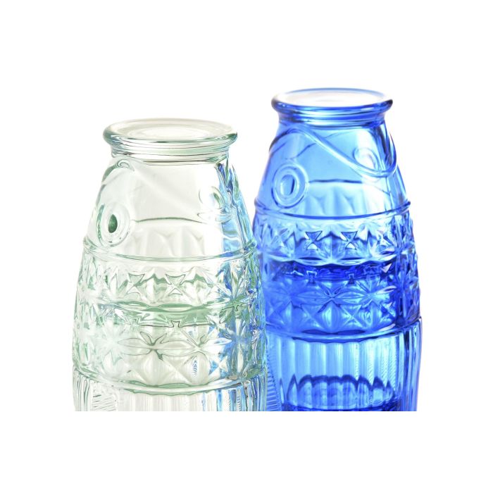 DKD Home Decor Hangzhou design 26a Vaso Mediterraneo Azul Turquesa Cristal Relieve con Pez Set de 4 8 x 27 x 8 cm Apto para lavavajillas