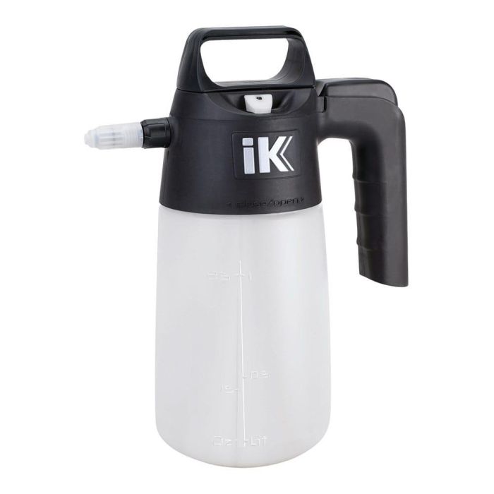 Ik Pulverizador industrial 1.5L, 1L útil, con boquilla cónica regulable y abanico, válvula seguridad 2.5 bar, depósito traslúcido