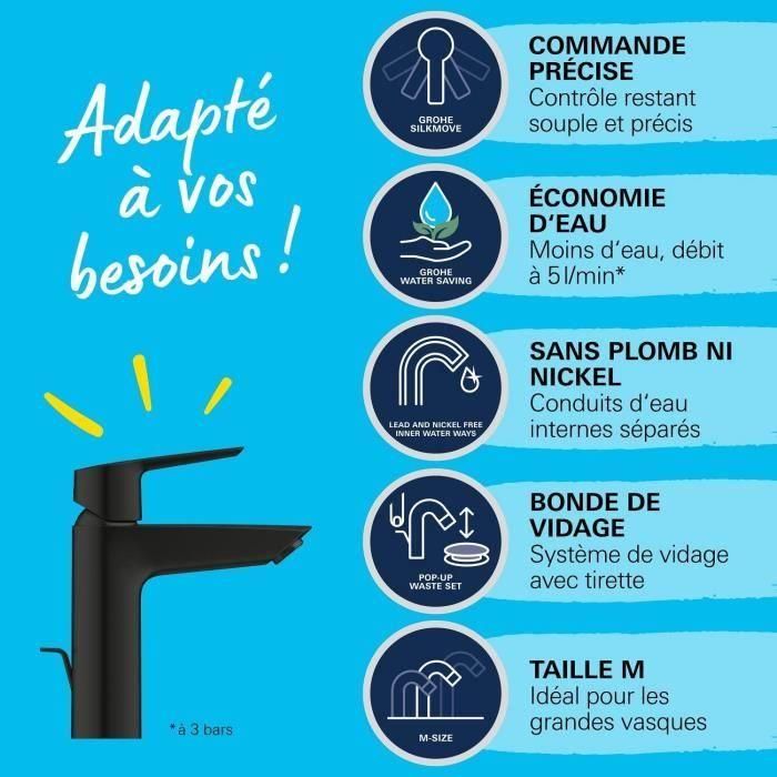 Mezclador monomando de lavabo - GROHE Start - 234552432 - Negro mate - Talla M - Caño mediano - Ahorro de agua - Extraíble y desagüe 2 Mezclador monomando de lavabo - GROHE Start - 234552432 - Negro mate - Talla M - Caño mediano - Ahorro de agua - Extraíble y desagüe 2