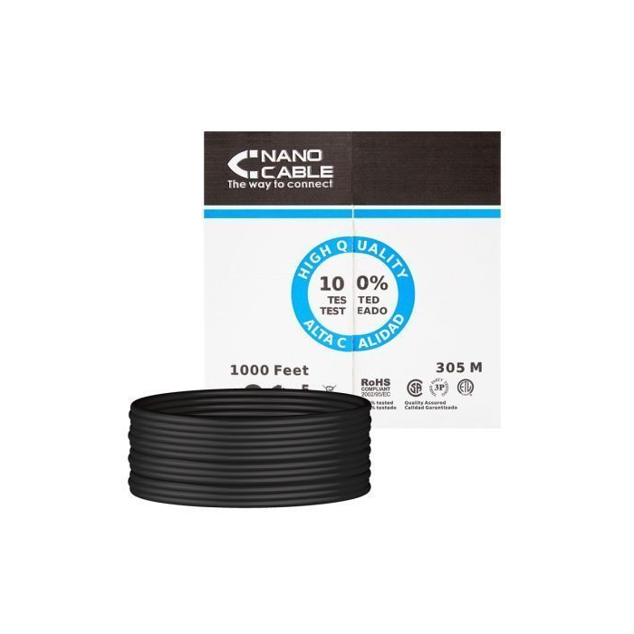 Bobina de Cable RJ45 para Exteriores UTP Nanocable 10.20.0304-EXT-BK Cat.5e/ 305m/ Impermeable/ Negro Bobina de Cable RJ45 para Exteriores UTP Nanocable 10.20.0304-EXT-BK Cat.5e/ 305m/ Impermeable/ Negro