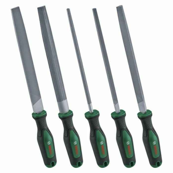 Bosch BOS4053423255515 Juego de 5 limas redondas, semiredondas, planas, triangulares y cuadradas de acero de carburo duro, recorrido medio, 2 Softgrip