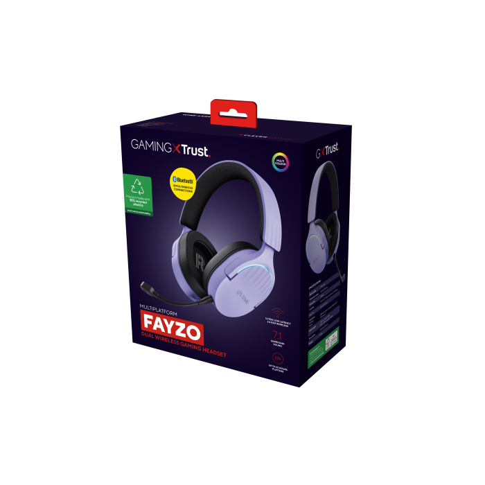 Trust GXT491P Fayzo Auriculares Gaming Inalámbricos Dual (USB 2.4 GHz/Bluetooth) 7.1 Virtual Púrpura, 22h Batería 14
