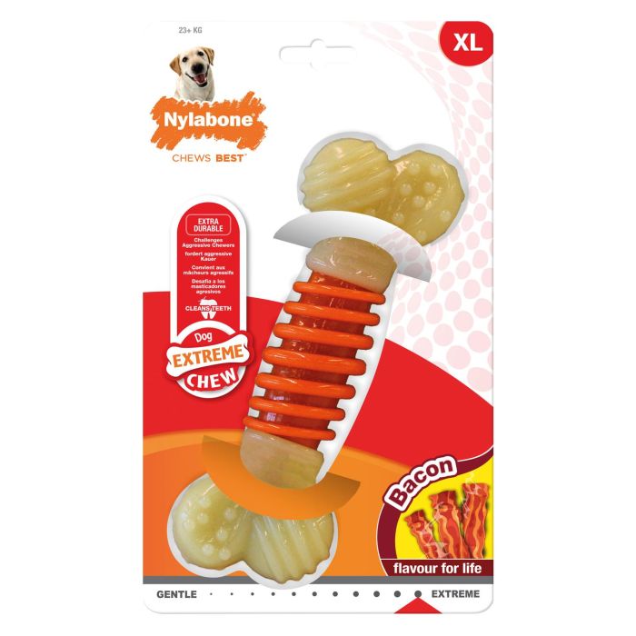 Nylabone Extreme Chew Pro Action Juguete Dental Perro Talla L con Triple Acción Limpieza, Sabor Bacon y Nylon Duradero