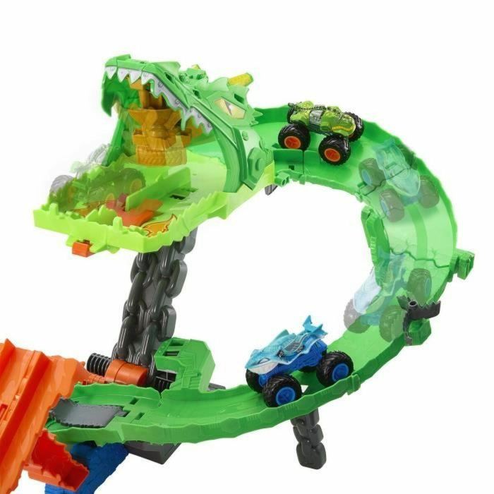 Hot Wheels Monster Trucks Pista Dragon Destruction Sharks vs Dinos. Incluye 2 Coches. Medidas: 53,34x60x35,56 cm. Edad 4+ años 2 Hot Wheels Monster Trucks Pista Dragon Destruction Sharks vs Dinos. Incluye 2 Coches. Medidas: 53,34x60x35,56 cm. Edad 4+ años 2