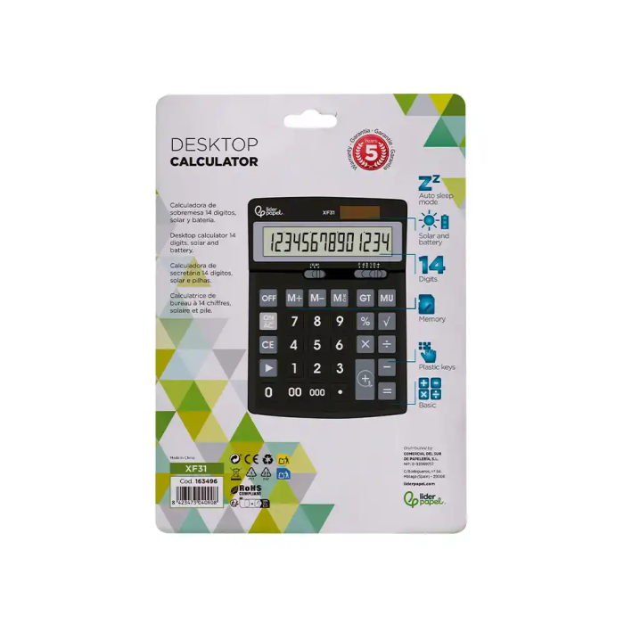 Liderpapel xf31 Calculadora Sobremesa 14 Dígitos Solar y Pilas Color Negro 170x122x35 mm 5