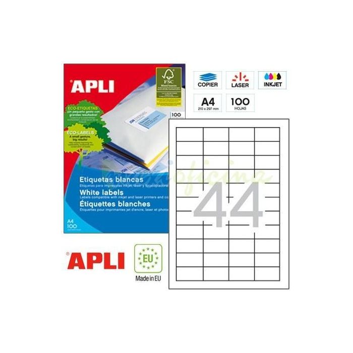 Apli Etiquetas Adhesivas 48,5x25,4 mm Inkjet-Láser C-Rectos 44 X 100H Blanco