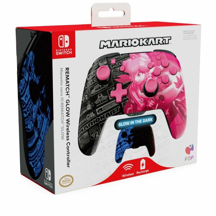 PDP 708056072674 Mando Inalámbrico Glow para Nintendo Switch y Switch OLED - Grand Prix Peach - Negro y Rosa 1