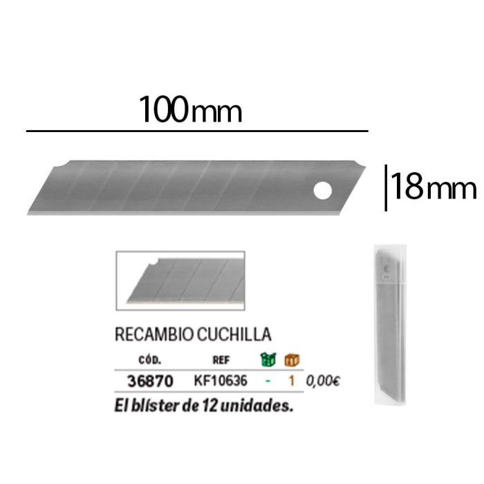 Repuesto Cuter Q-Connect Ancho Para Modelos Kf10632-Kf10635-Kf10937-Kf10634 Cuchilla 18 mm Blister 12 Unidades 1