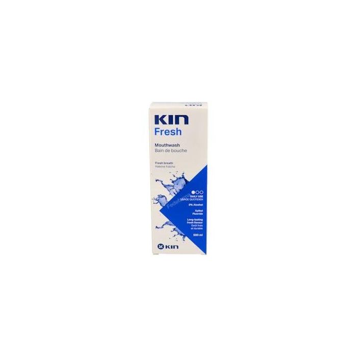 KIN Enjuague Bucal Aliento Fresco. Elimina mal aliento, protege caries y placa dental. Con fluoruro 1450 ppm, sin gluten. 500 ml