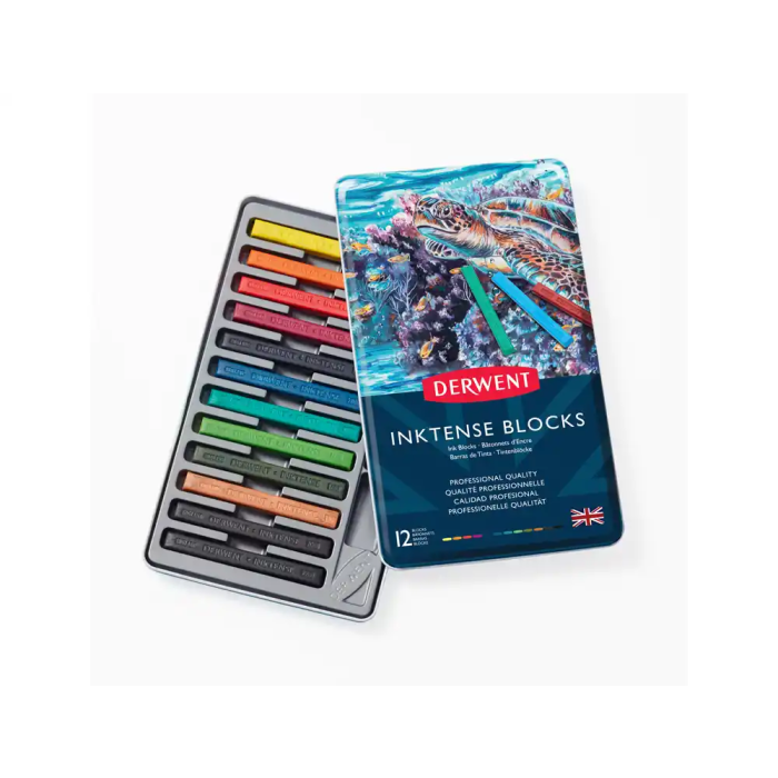 Derwent Barra Acuarelable Inktense Caja Metálica de 12 Unidades Colores Surtidos, Trazos Vivos Solubles en Agua 1