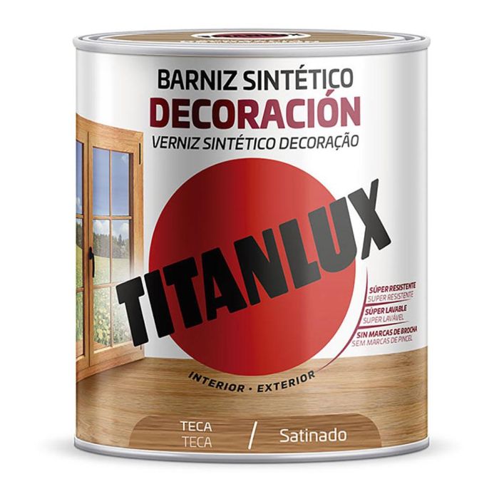 Titan M11100934 Barniz Sintético Teca Satinado 750ml Interior/Exterior - Alta Dureza, Secado Rápido, Resistente al Rayado