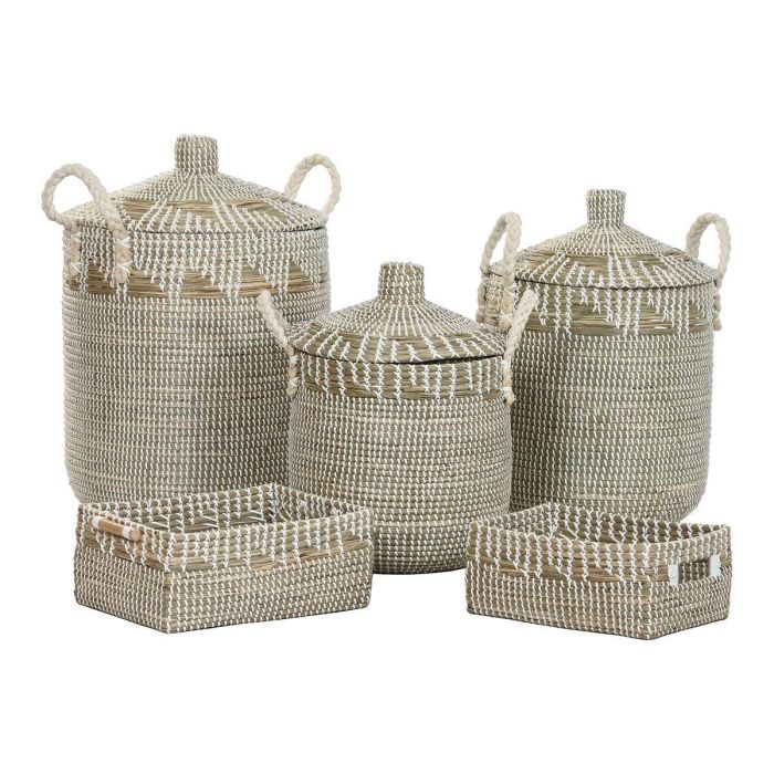 DKD Home Decor Cesta Boho Hecha a Mano de Seagrass y Algodón Natural Blanco, Set de 5, 45x64x45 cm 1 DKD Home Decor Cesta Boho Hecha a Mano de Seagrass y Algodón Natural Blanco, Set de 5, 45x64x45 cm 1