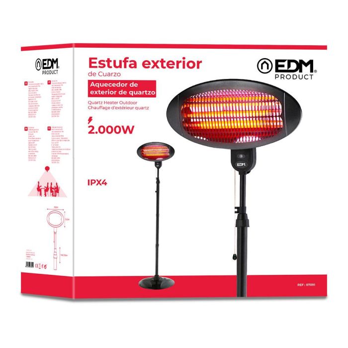 Edm Estufa de Cuarzo de Exterior 2000W con Pie y Protección IPX4, 3 Niveles de Potencia Ajustable, 210cm de Altura Máxima 1