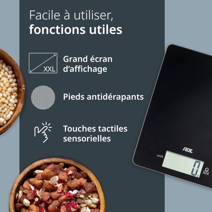 Báscula de cocina digital - ADE - LEONIE - Plástico ABS - 22 x 17 cm - Incluye 1 pila Cr 2032 - Negra 4 Báscula de cocina digital - ADE - LEONIE - Plástico ABS - 22 x 17 cm - Incluye 1 pila Cr 2032 - Negra 4