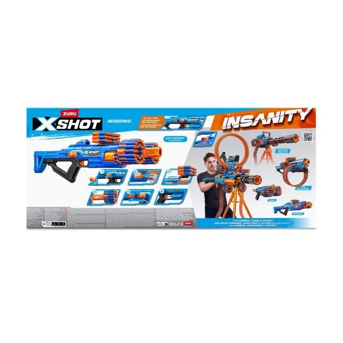 Zuru XSHOT XSH1696287631869 Insanity Berzerko Blaster de cañón giratorio con 8 dardos y disparo rápido hasta 27 metros