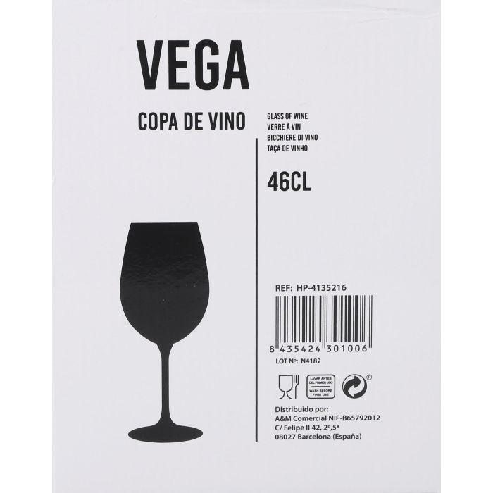 Inde Copa de Vino "Vega" 46 cl (0.46 L), Cristal, Diámetro 7.4 cm x Altura 22 cm - Juego de Copas para Vino Tinto y Blanco (24 Unidades)