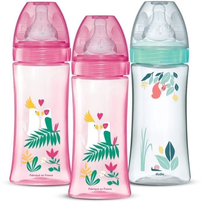 Set de 3 biberones anticólicos - DODIE - Anticólicos - Tetinas redondas - 330 ml - +6 meses - 3 velocidades - Caudal 3 - Rosa y verde