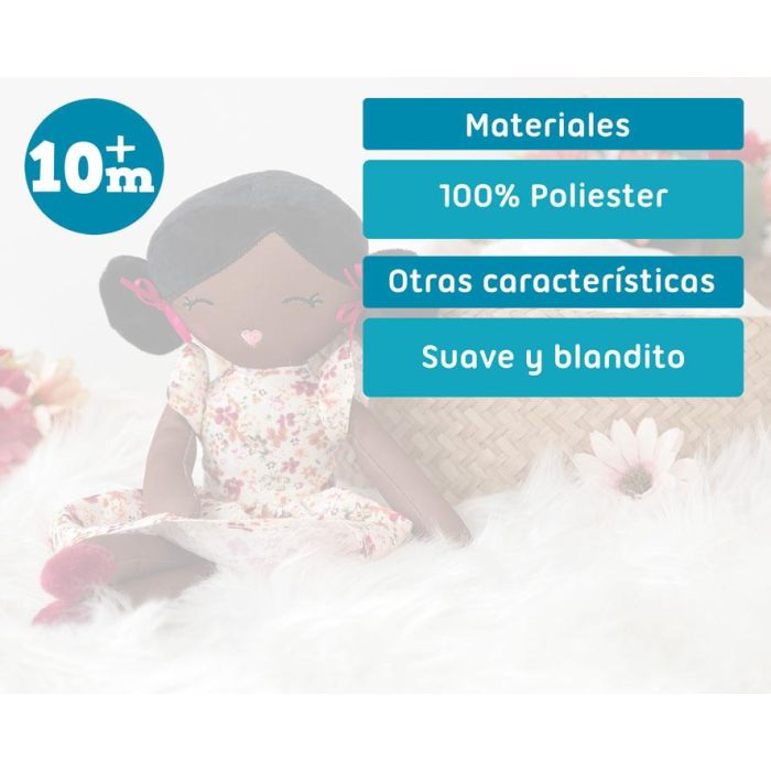KioKids Muñeca de Trapo Morena con Vestido de Flores y Lacitos Rosas, 100% Poliéster, +10 Meses 3