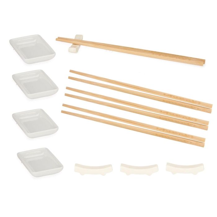 Kinvara Set Sushi Blanco 12 Piezas Porcelana y Bambú 27.5x20.5x2.5 cm (Set de 12)