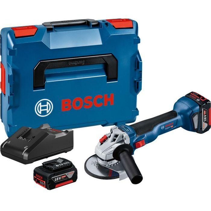 Bosch Professional Amoladora angular GWS 18V-10 Kit con 2 Baterías 4.0Ah, Cargador GAL 18V-40 y L-BOXX