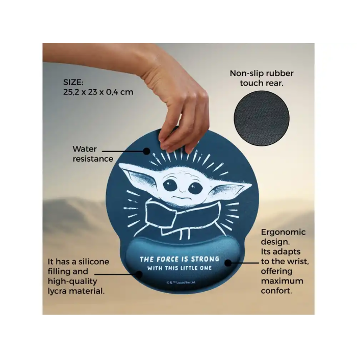 Wondee Alfombrilla Ratón Gel Ergonómica Mandalorian Grogu Star Wars Antideslizante Cómoda Lavable 250x20x230 mm 3