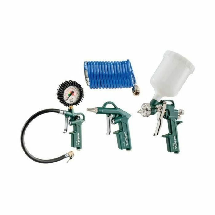 Metabo LPZ 4 Juego de Herramientas Aire Comprimido: Pistolas (Soplado, Inflado Neumáticos, Pintura), Manguera Espiral PA 4,9m, Acople ISO 1/4"