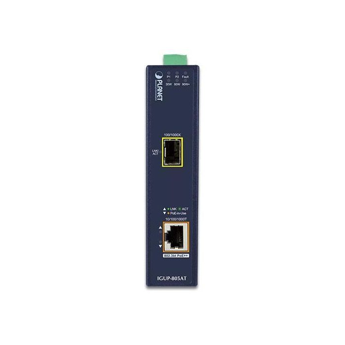 Planet IGUP-805AT Convertidor de Medios Industrial Gigabit SFP 100/1000X a 10/100/1000T RJ45 PoE++ 95W 802.3bt IP30 1