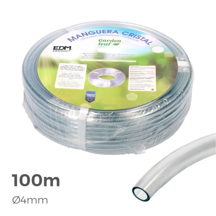 Edm Manguera Cristal PVC Transparente Flexible 100 m (4 mm) Resistente UV 1