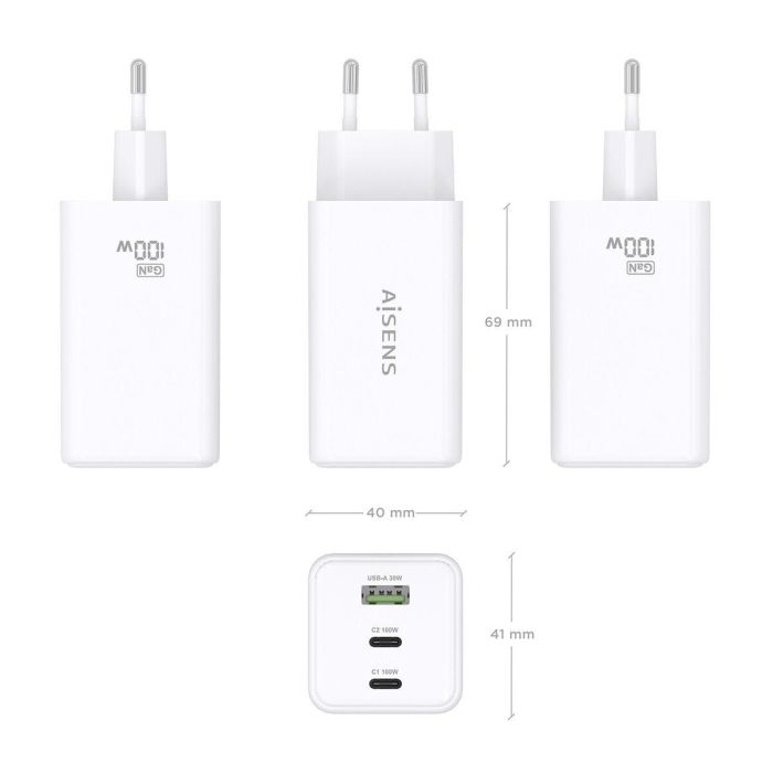 AISENS Cargador GaN 100W, 2x USB-C PD3.0 QC4.0 QC5.0, 1x USB-A QC3.0, Blanco 4 AISENS Cargador GaN 100W, 2x USB-C PD3.0 QC4.0 QC5.0, 1x USB-A QC3.0, Blanco 4