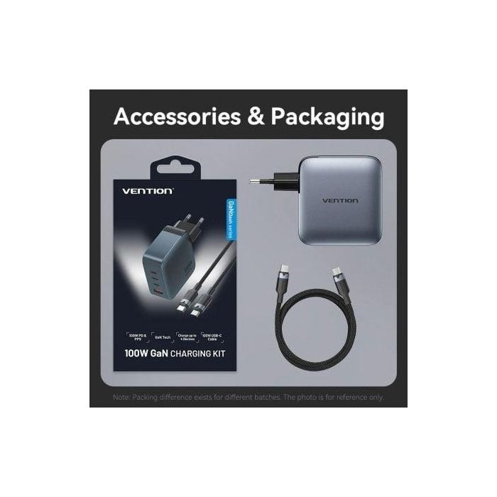 Cargador de Pared GaN Vention TZ-FETH0-EU/ 3xUSB Tipo-C/ 1xUSB/ 100W 3 Cargador de Pared GaN Vention TZ-FETH0-EU/ 3xUSB Tipo-C/ 1xUSB/ 100W 3
