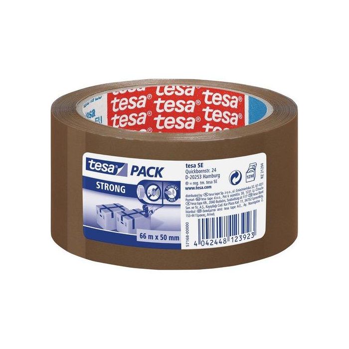 Tesa Cinta Adhesiva Marrón Strong para Embalaje 66 m x 50 mm, Bajo Ruido, Adhesivo sin Disolventes, Alta Resistencia UV