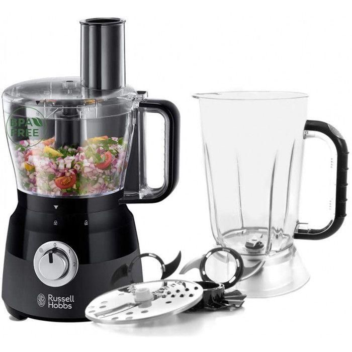 Robot Multifunción - RUSSELL HOBBS - Negro Mate 24732-56 - 600 W - Bol de 2,5 L - Cuchillas de acero inoxidable - Disco reversible - Negro mate