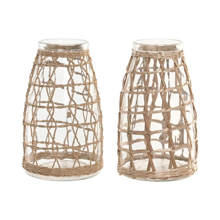 DKD Home Decor Jarrón Cottage Transparente Marrón de Cristal y Mimbre 16 x 27 x 16 cm (6 Unidades)