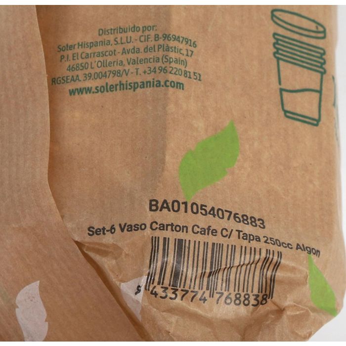 Algon Set 6 Vasos Cartón para Café con Tapa 250 cc (20 Unidades)