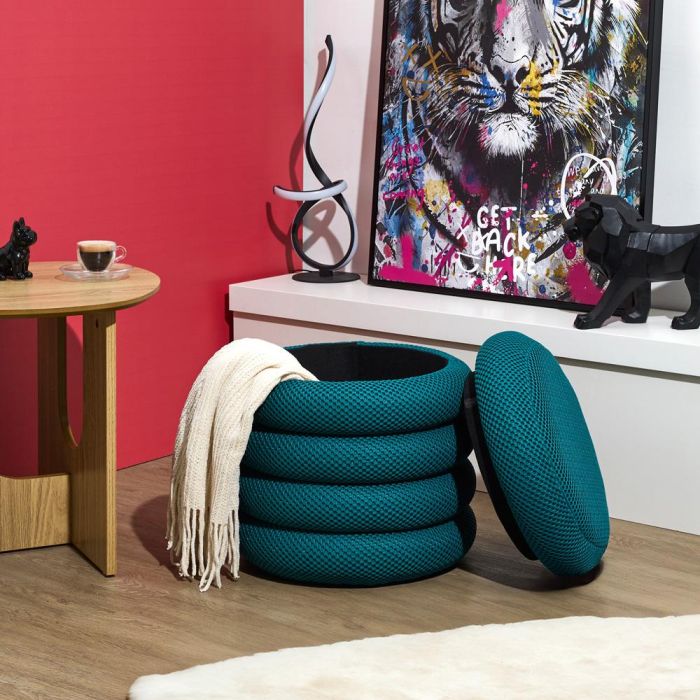 Home Deco Factory Puf Almacenaje Atom Azul - MDF y Poliéster, 37x42 cm, Soporta 110 kg 1