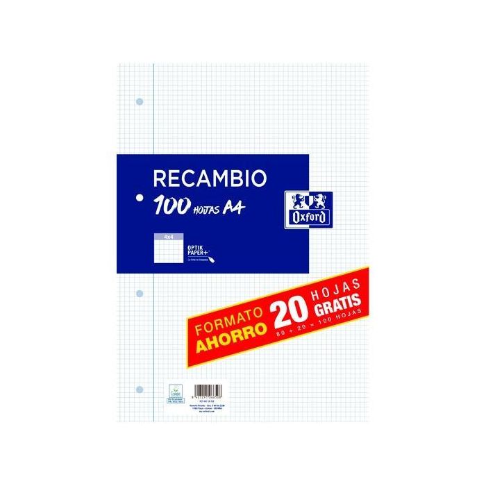 Oxford Recambio Classic Hojas Sueltas A4 C-Margen 90 gr 4x4 mm 4 Taladros Pack 80+20 Gratis OptikPaper para Archivador y App SCRIBZEE