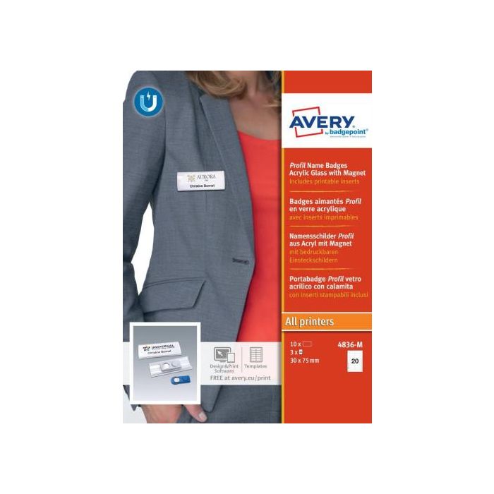 Avery 4836-M Caja 10 Portanombres Profil Badge con Imán - 27 x 75 mm 1