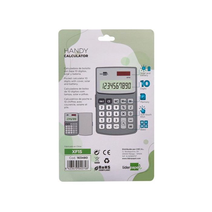 Calculadora Liderpapel Bolsillo Xf15 10 Digitos Con Tapa Solar Y Pilas Color Gris 123x75x12 mm 5