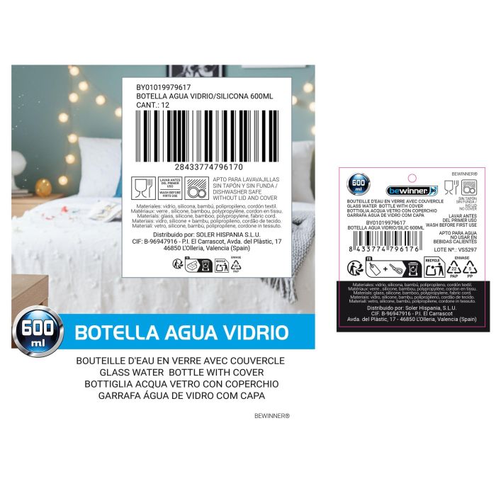 Inde Botella Agua Vidrio/Silicona 600 ml 7 x 7 x 25 cm 9