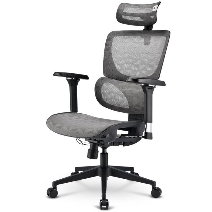 Sharkoon C40M Silla de Oficina Ergonómica OfficePal, Asiento Malla y Respaldo Rejilla Gris, Reposacabezas y Reposabrazos 4D, 150kg