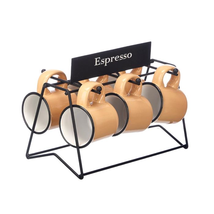 Vessia Set 6 Tazas Cafe Beige Porcelana 100 ml con Soporte 23x17x15cm (Set de 6)