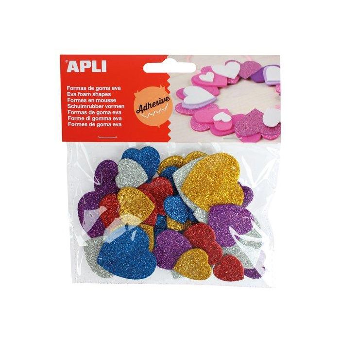 Apli Formas de Goma Eva Adhesivas Corazones con Purpurina Metalizada, Colores Surtidos, 50 Unidades